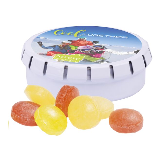 Streuartikel Quick Box Dose – pfefferminz – mit individuellem Etikett 19 g als Werbemittel auf Messen und Events für potenzielle Kunden