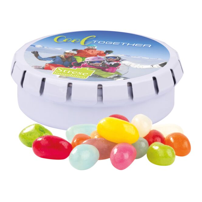Werbeartikel Quick Box Bonbons – weiss – mit individuellem Etikett 19g als Streuartikel für Messen und Events an potenzielle Kunden
