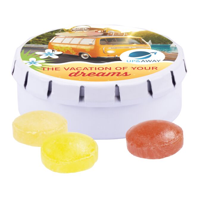Streuartikel Quick Box XS Metall – micro bonbons – mit bedrucktem Etikett 15 g für Messen und Events an potenzielle Kunden und Team
