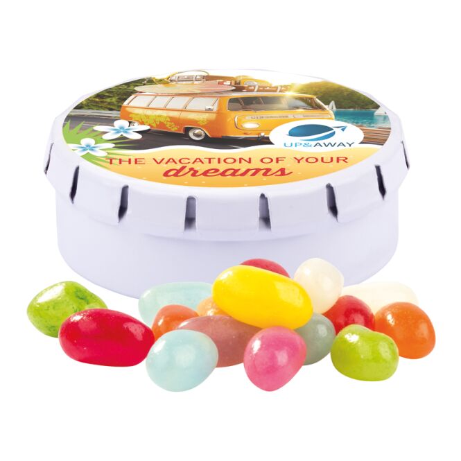 Streuartikel Quick Box XS Metall – micro bonbons – mit Logo bedruckt 15 g für Messen und Events für potenzielle Kunden und als Giveaway