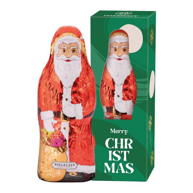 Firmengeschenk Riegelein Weihnachtsmann – weihnachten – mit bedrucktem Etikett 24g als Weihnachtsgeschenk für Kunden und Partner