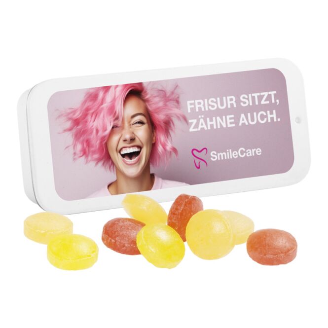 Streuartikel Schiebedeckeldose – mit m&m's – mit individuellem Etikett 15 g für Messen und Events zur Kundenakquise und Mitarbeiterbindung