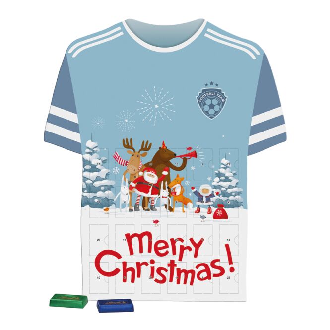 Firmengeschenk Shape Adventskalender Trikot – weihnachtlich – mit bedrucktem Etikett Vollkartonhülle als Weihnachtsgeschenk für Mitarbeiter