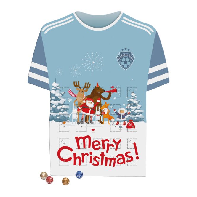 Firmengeschenk Shape Adventskalender Trikot – weihnachten – mit bedrucktem Etikett als Weihnachtsgeschenk für Kunden und Partner
