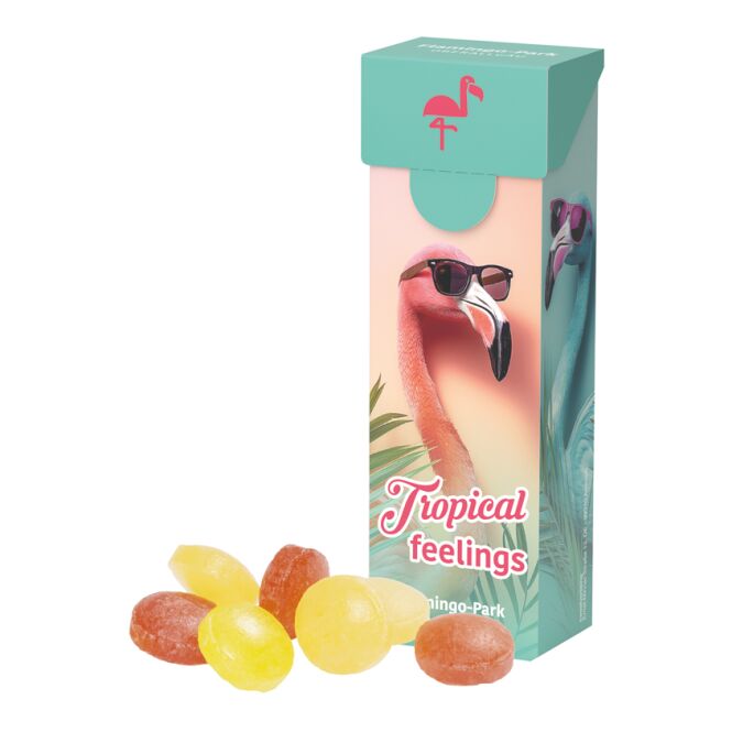 Streuartikel Slim Box M&M's – schokolinsen – mit individuellem Etikett 12 g als Werbemittel auf Messen und Events für potenzielle Kunden