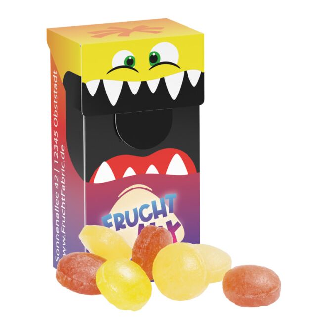 Streuartikel Slim Box mini – bonbons – mit bedrucktem Etikett bei 50g Füllmenge als Werbemittel für Messen und Firmenevents jeder Art