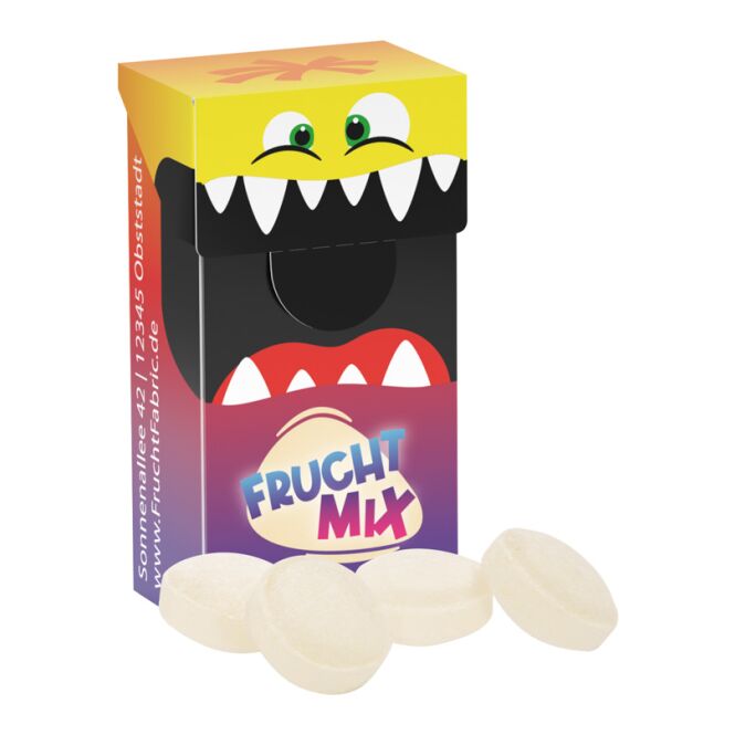 Streuartikel Slim Box mini mit Bonbons – mit individuellem Etikett – für Messen und Events als Werbemittel für potenzielle Neukunden