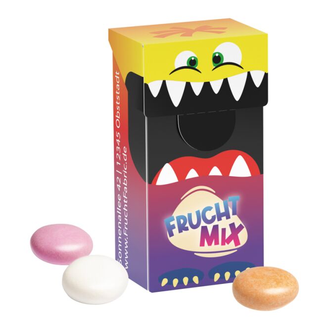 Streuartikel Slim Box mini mit Bonbons – mit individuellem Etikett – 15g für den Einsatz als Werbemittel auf Messen und Firmen-Events