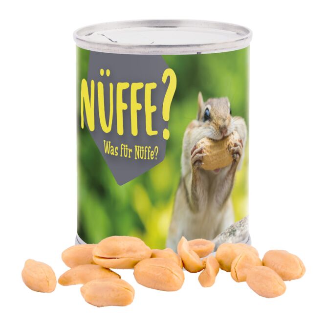 Streuartikel Snack Dose Weißblechdose – erdnüsse geröstet und gesalzen – mit individuellem Etikett 60 g als Werbemittel für Messe und Event