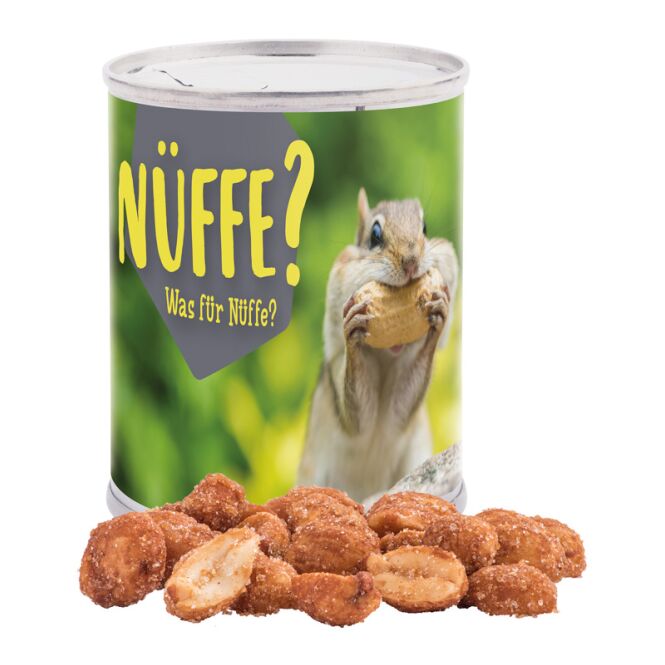 Streuartikel Snack Dose Weißblechdose – erdnüsse geröstet – mit individuell bedrucktem Etikett 60 g als Werbemittel für Messen und Events