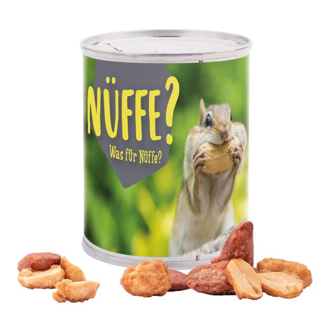 Streuartikel Snack Dose Weißblechdose – erdnüsse gesalzen – mit individuellem Etikett 60 g als Werbemittel auf Messen für Kunden und Partner