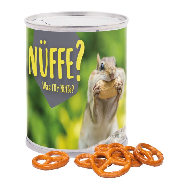 Streuartikel Snack Dose Erdnüsse geröstet – mit individuell bedrucktem Etikett – 60 g als Werbemittel für Messen und Geschäftspartner