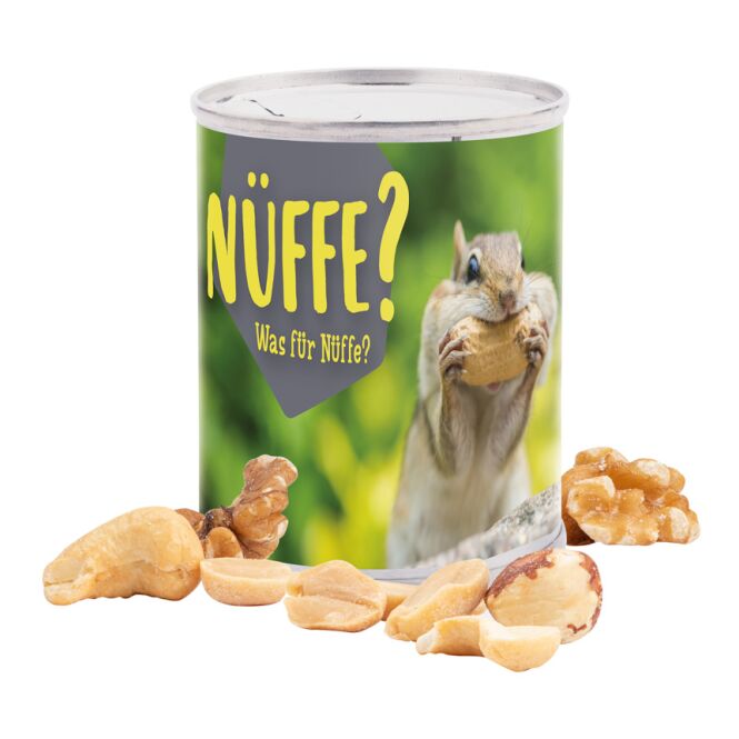 Streuartikel Snack Dose Weißblechdose – erdnüsse geröstet – mit individuellem Etikett 60 g als Werbemittel für Kunden und Geschäftspartner