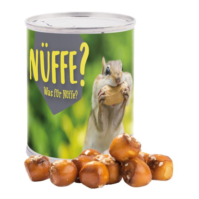 Werbeartikel Snack Dose Weißblech – erdnüsse geröstet und gesalzen – mit individuellem Etikett 60 g als Give-away für Messen und Kunden
