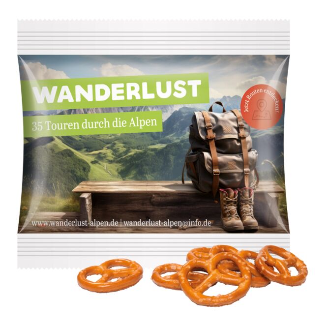Werbeartikel Snack Miditüte – knabber-mix – mit individuellem Etikett 10 g für Messen und Events für potenzielle Kunden und als Mitarbeiter