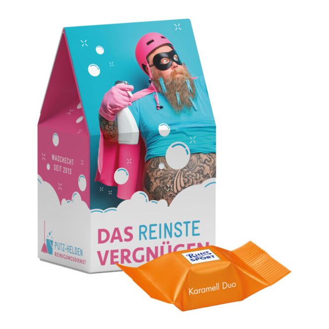 Premium-Werbeartikel Ritter SPORT Standbodenbox – mit schokowürfeln – inkl. Werbeaufdruck für Geschäftspartner und Kunden als hochwertige Überraschung