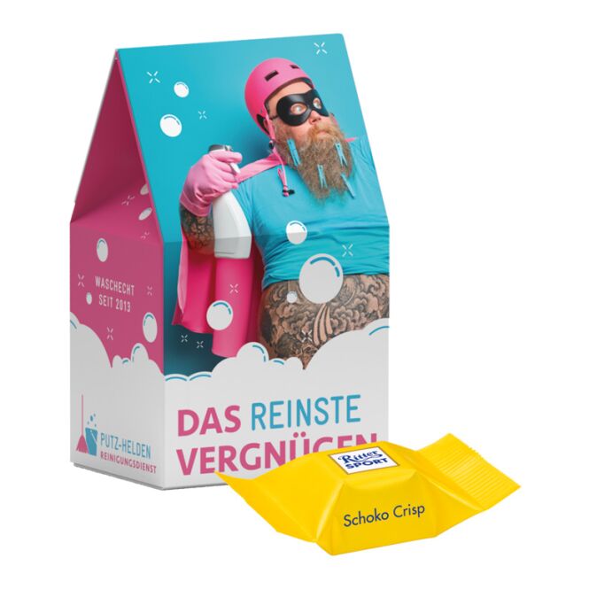 Premium-Werbeartikel Ritter SPORT Standbodenbox – schokolade – mit individueller Banderole als Werbemittel für Kunden und Mitarbeiter