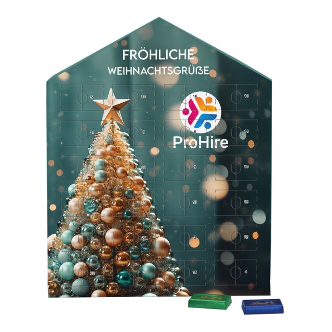 Firmengeschenk Täfelchen Adventskalender Haus – weihnachtlich – mit individuell bedrucktem Etikett 1 Stück als Weihnachtsgeschenk für Kunden