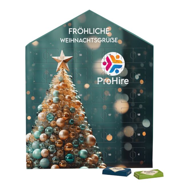 Firmengeschenk Täfelchen Adventskalender Haus – weihnachtlich – mit bedrucktem Etikett als Weihnachtsgeschenk für Kunden und Partner