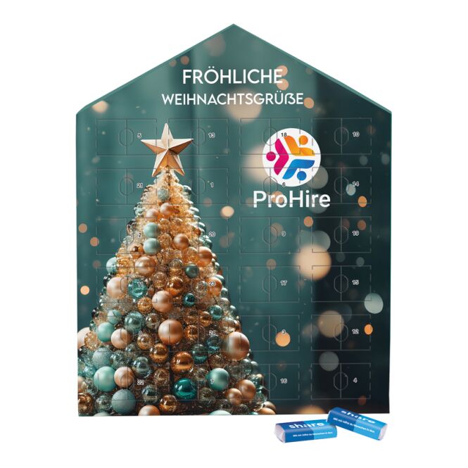 Firmengeschenk Täfelchen Adventskalender Haus – weihnachtlich – mit individuell bedrucktem Etikett 120g als Weihnachtsgeschenk für Kunden und Partner