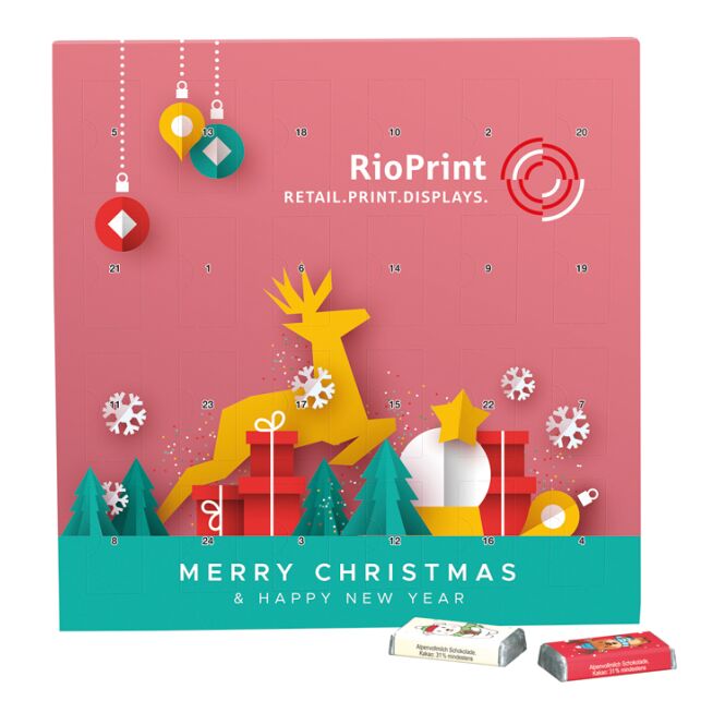 Firmengeschenk Adventskalender Vollkarton – bunt – mit individuellem Werbedruck, kompostierbares Inlay, nachhaltiges Präsent