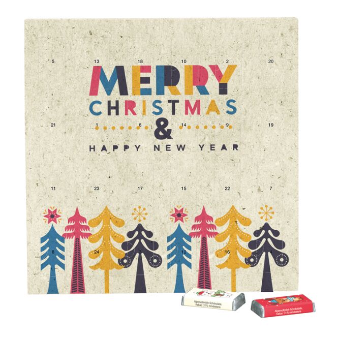 Firmengeschenk Täfelchen Adventskalender Graspapier – weihnachtlich – inkl. Werbeaufdruck Adventskalender als Weihnachtsgeschenk für Mitarbeiter