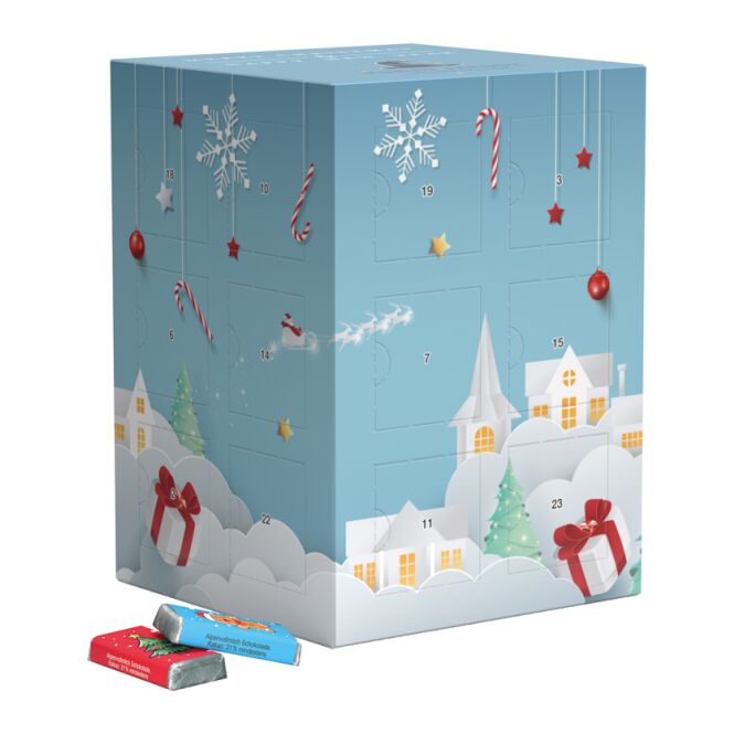 Mitarbeitergeschenk Adventskalender Tower – bunt – mit individuellem Werbedruck recycelbares Inlay nachhaltiges Weihnachts-Präsent