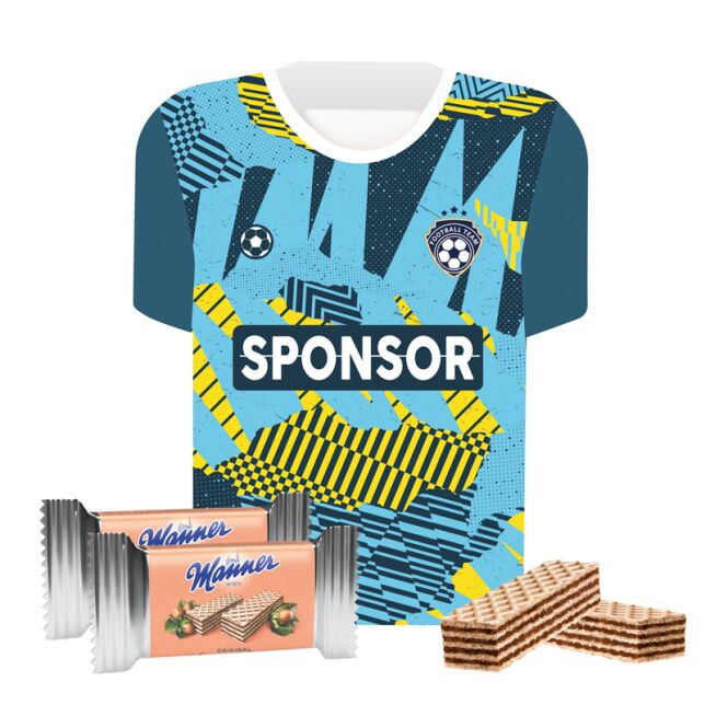 Streuartikel Trikot Box S – schokolade – mit individuell bedrucktem Logo zur Verteilung als Werbemittel auf Messen für potenzielle Kunden
