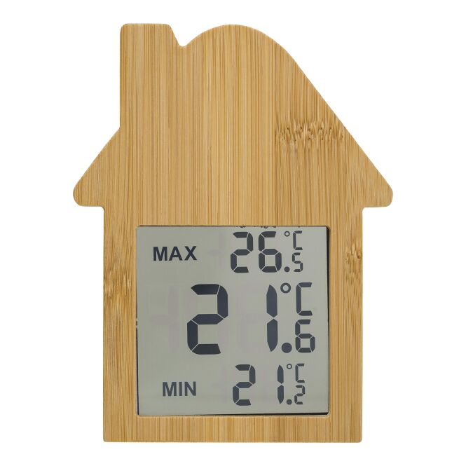 Werbeartikel Wetterstation Lane – braun – mit Logo bedruckt Temperaturanzeige digitale Raumklimastation für das Büro