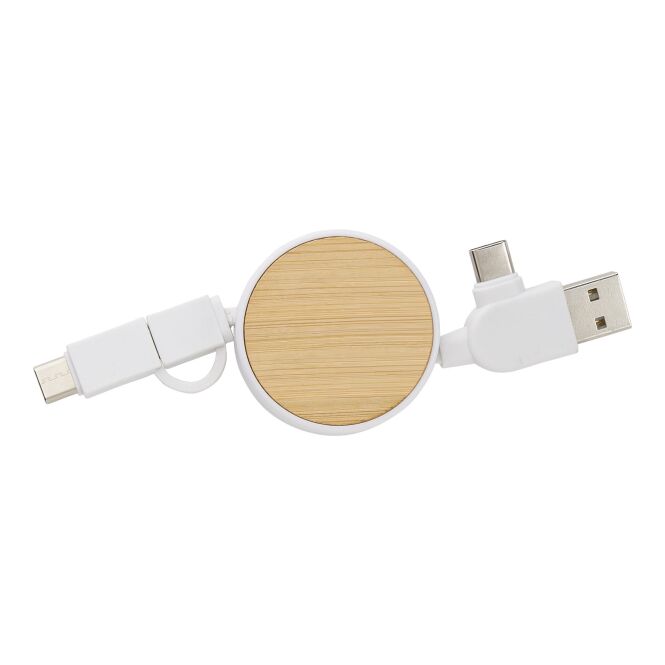 Werbeartikel Verlängerbares Ladekabel Jared – weiss – mit Logo bedruckt, nachhaltig aus Bambus, USB-C/Lightning/USB-A, für den Büroalltag