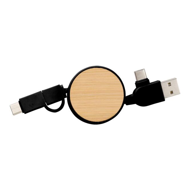 Werbeartikel Ladekabel Jared – schwarz – mit Logo bedruckbar, USB-C, Lightning & USB-A, nachhaltiges Bambus-Design für den Büroalltag