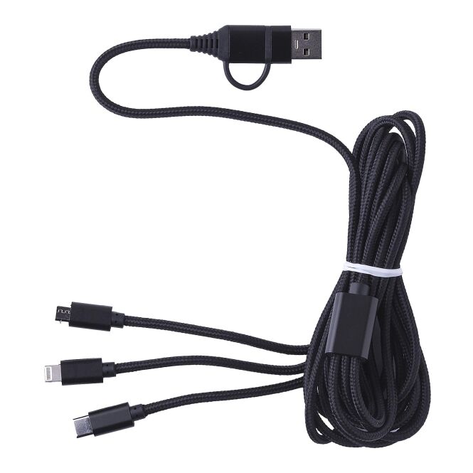 Streuartikel 3-in-1 Multi-Ladekabel Sable – schwarz – mit Logo bedruckt 190cm 1,5A USB-C A+C Lightning für den Büroalltag