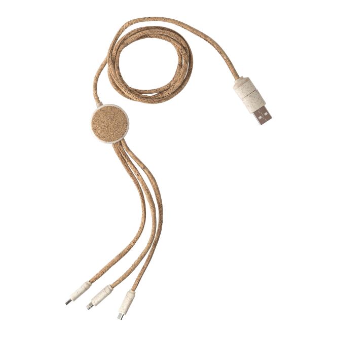 Werbegeschenk Ladekabel Gemma Edelstahl – braun – mit Logo bedruckt 120 cm 3-in-1 USB-A/USB-C nachhaltig für den Büroalltag