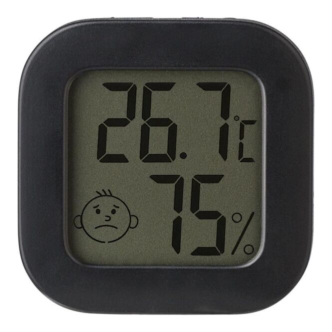 Werbeartikel Wetterstation Kinsley – schwarz – mit Logo bedruckt inkl. Temperaturanzeige digitale Raumklimastation für Büro