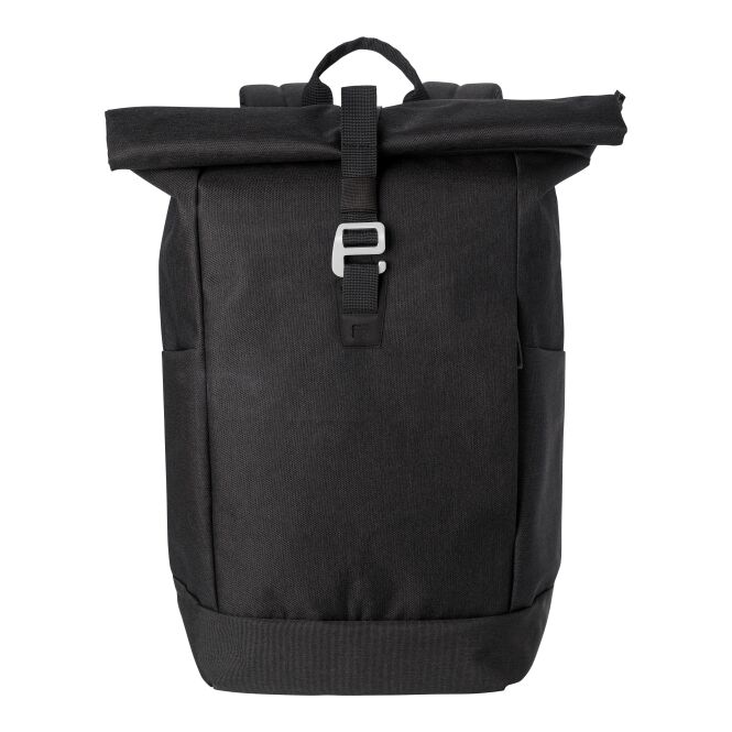 Mitarbeitergeschenk Rolltop-Rucksack Dax – schwarz – mit Logo bedruckt für das Homeoffice und die mobile Büroausstattung