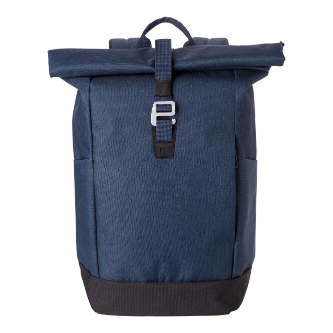 Werbeartikel Rolltop-Rucksack Dax – blau – mit Logo bedruckt für das Mitarbeiter-Onboarding und die tägliche Büroausstattung