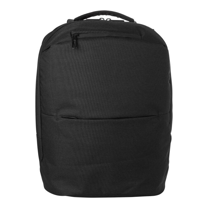 Mitarbeitergeschenk Laptop-Rucksack Nicolas – schwarz – mit Logo bedruckt mit Trolley-Gurt für die Büroausstattung
