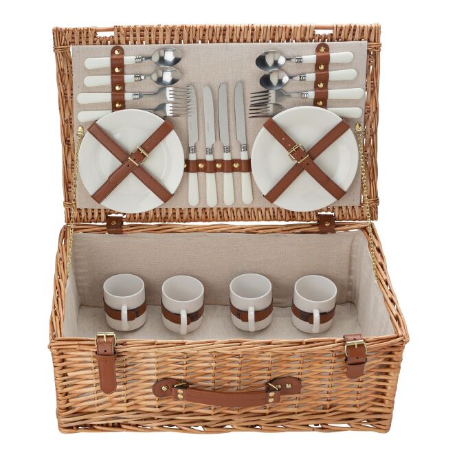 Kundengeschenk Picknickkorb Premium – braun – mit Logo bedruckt 4-teilig mit Besteck Tellern & Bechern für Firmen-Events