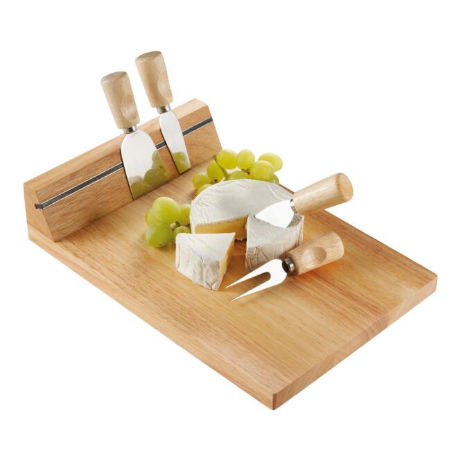 Firmengeschenk Käsebrett Formagi – braun – mit Logo bedruckt, 4-tlg. Besteckset mit Magnethalter, exklusives Holz-Servierbrett