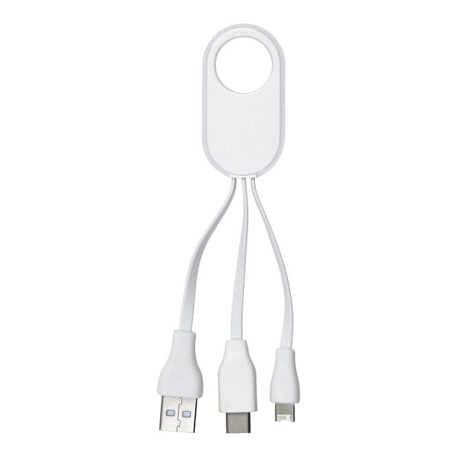 Streuartikel 3-in-1 Multi-Ladekabel Triple – weiss – mit Logo bedruckt für den Büroalltag, USB, USB-C und Lightning, 7 cm