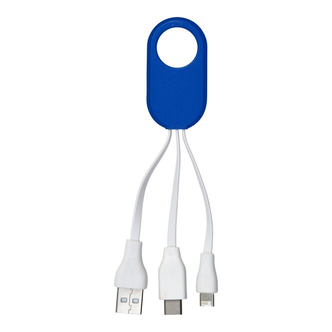 Werbeartikel Ladekabelset Triple 'Triple' – blau – mit Logo bedruckt, 3-in-1 Multi-Ladekabel mit USB, USB-C, Lightning, 7 cm für den Büroalltag