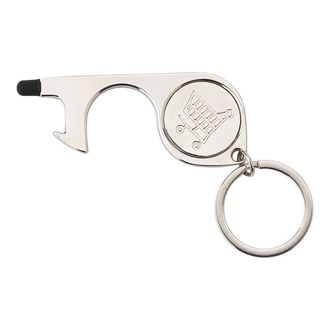 Firmengeschenk Multifunktions-Schlüsselanhänger – silber – mit Logo bedruckt, inklusive Touch-Pen & Einkaufswagenchip für Messen