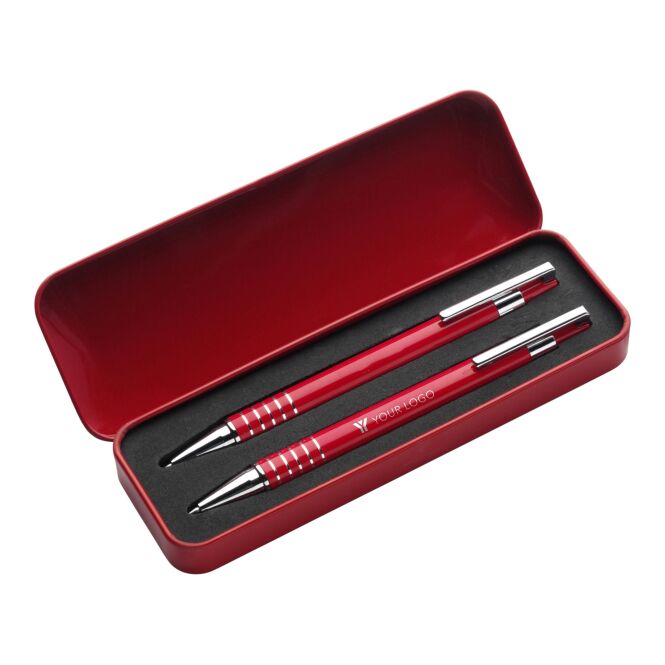 Firmengeschenk Schreibset Colour-Line – rot – mit Logo bedruckt 2-teilig mit Druckbleistift & Kugelschreiber schwarz schreibend für Konferenzen