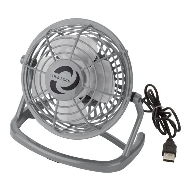 Werbeartikel Tischventilator Hurricane – grau – mit Werbedruck, USB 2.0 Anschluss, 93 cm Kabel für den Schreibtisch im Büro