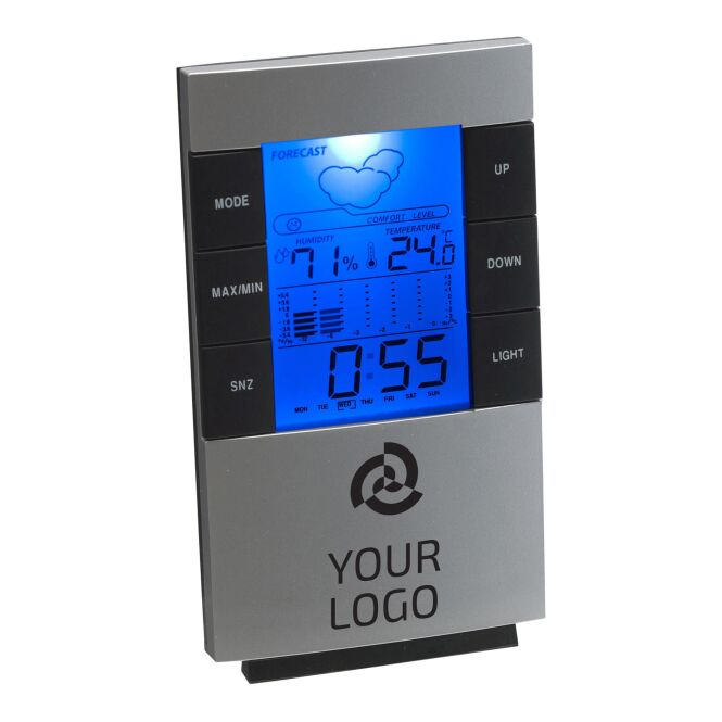 Werbeartikel Wetterstation Modern Art – silber – mit Logo bedruckt LCD-Display Barometer Thermometer digitale Raumklimastation
