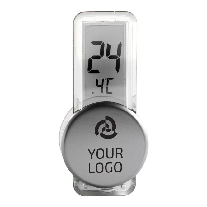 Werbeartikel Thermometer Point – silber – mit Logo bedruckt. LCD-Display mit Saugnapf für den regelmäßigen Temperaturabgleich.