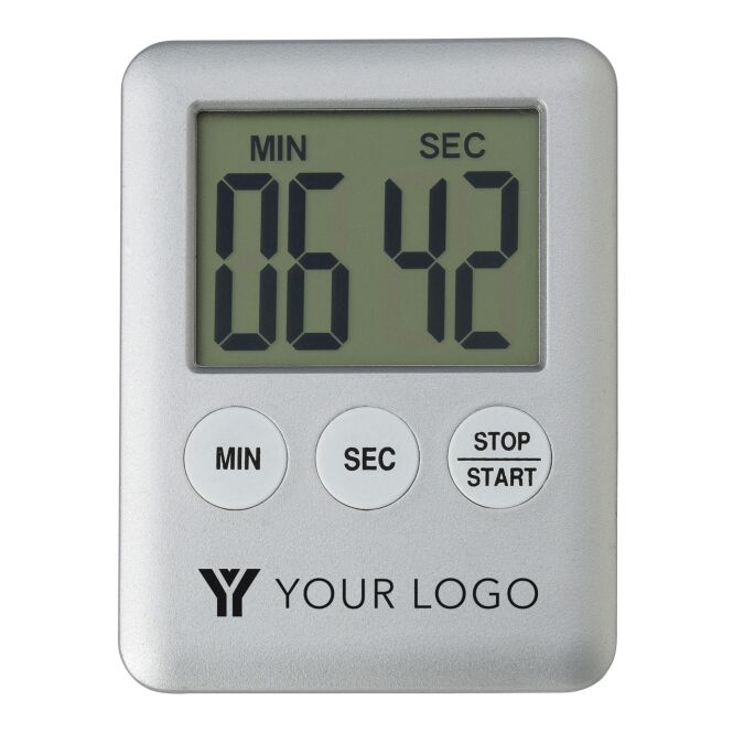 Werbeartikel Kurzzeitmesser Premium – silber – mit Logo bedruckt LCD-Display Magnet Alarmfunktion praktischer Küchentimer