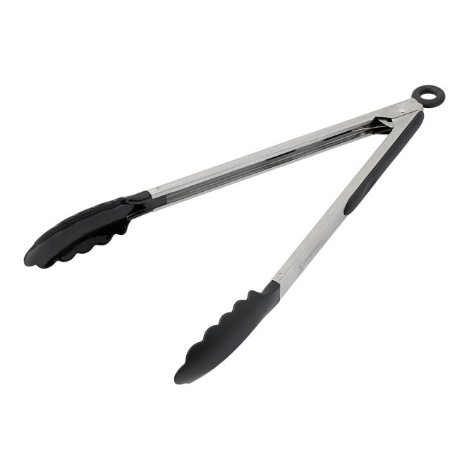 Firmengeschenk Grillzange Nature aus Edelstahl – schwarz/silber – lasergraviert für Firmen-Events