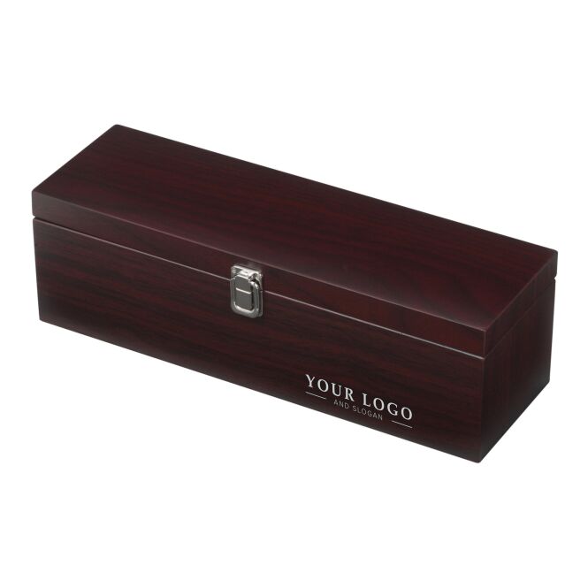 Firmengeschenk Weinset Merlot – braun – mit Logodruck, 5-tlg. inkl. Holzbox für 750ml, hochwertiges Sommelier-Zubehör-Set