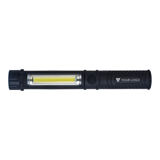 Mitarbeitergeschenk Arbeitslampe View – schwarz – mit Logo bedruckt, mit COB-Leuchte, Magnet und Clip als kompakte Leuchte